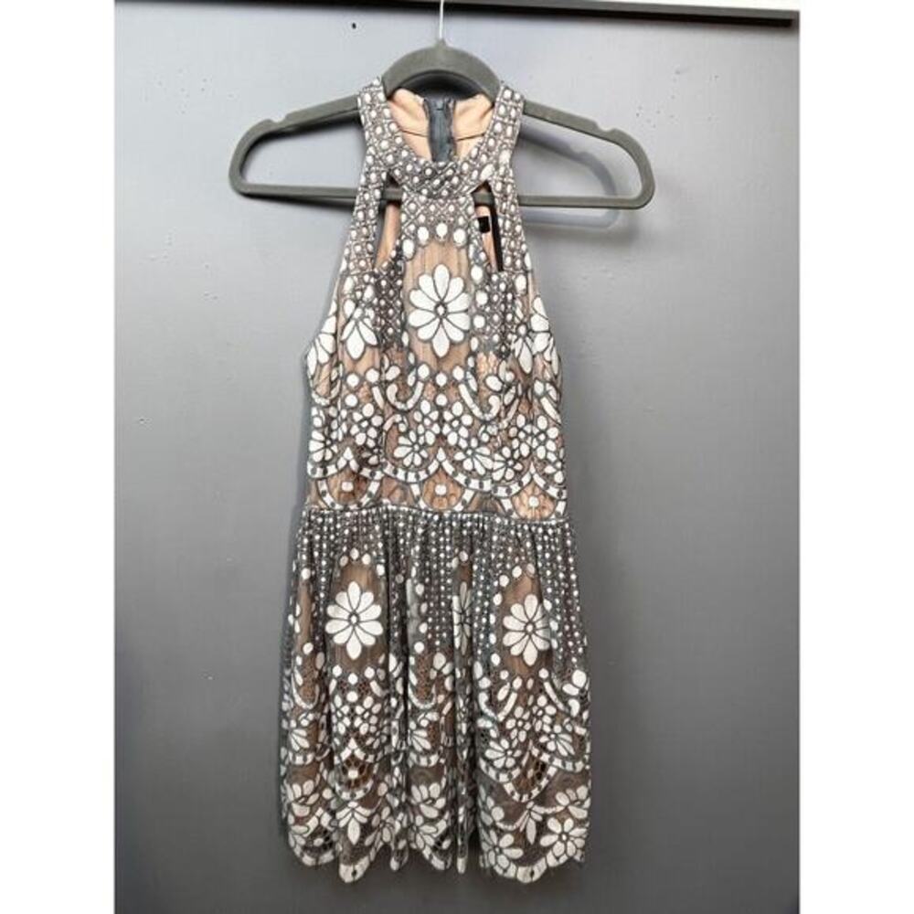 Jodi Kristopher Dress Womens 3 Gray Lace Floral Mini Fit & Flare Sleeveless